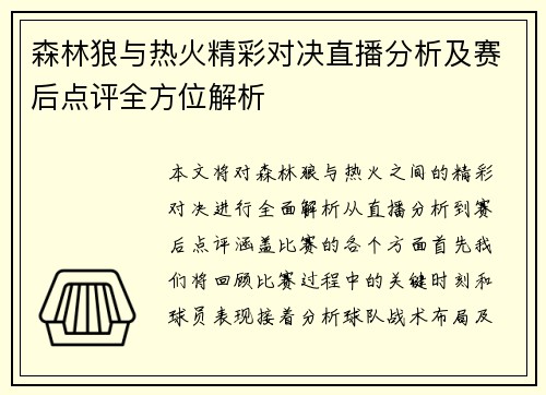 森林狼与热火精彩对决直播分析及赛后点评全方位解析