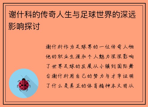 谢什科的传奇人生与足球世界的深远影响探讨